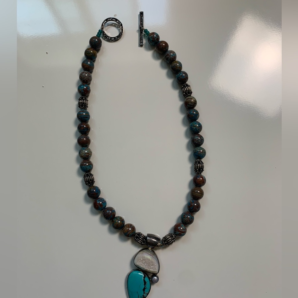 STERLING SILVER HOWLITE, TURQUOISE, BLUE OPAL/AGATE STONES PENDANT‎ NECKLACE 925